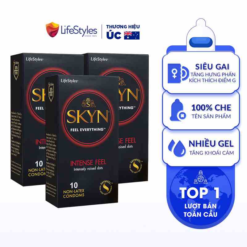 Bộ 3 Bao Cao Su Gai Non-latex LifeStyles SKYN Intense Feeling Không Mùi Cao Su Nhiều Gel - Hộp 10 cái