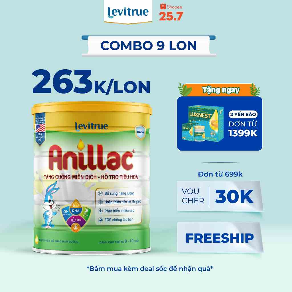 [Mã BMLTB200 giảm đến 100K đơn 499K] COMBO 9 LON ANILLAC - Sữa mát, dinh dưỡng công thức Levitrue - lon 700 gam