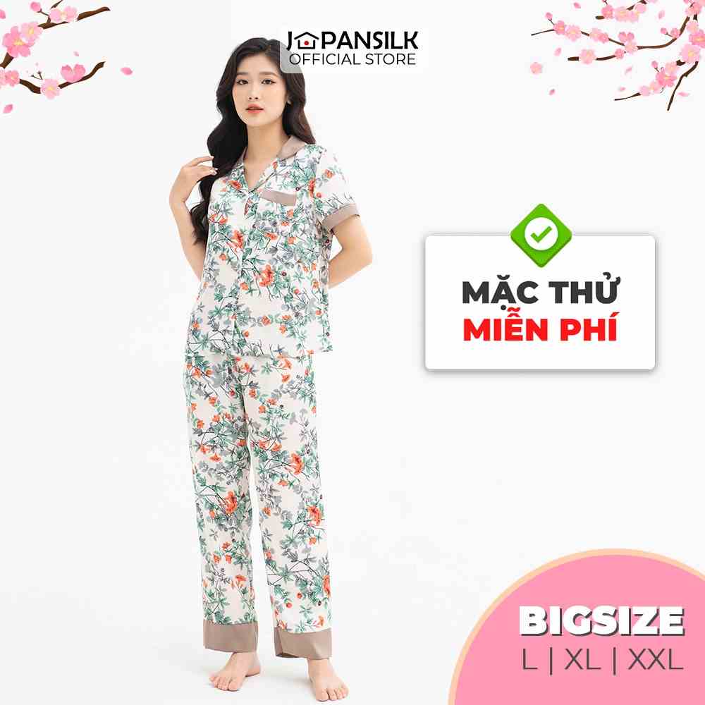 Bộ đồ ngủ Bigsize Pijama lụa Nhật cao cấp JAPANSILK, ngắn tay quần dài màu sắc tối giản tôn dáng