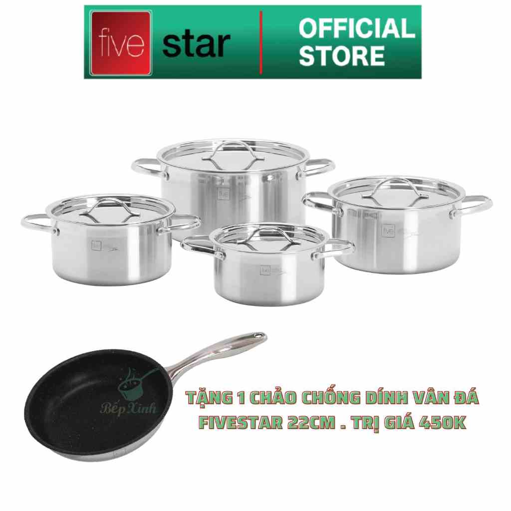 Bộ nồi 3 lớp đáy liền inox 304 Fivestar Plus quai oval nắp inox ,dùng được mọi bếp , bảo hành 25 năm ( 16cmx18cmx20cmx24