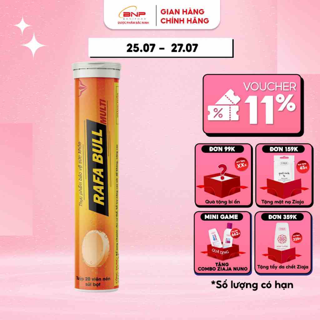 Sủi Vitamin Rafa Bull Multi BANIPHAR Hỗ Trợ Nâng Cao Sức Đề kháng, Tăng Thể Lực Cho Cơ Thể Tuýp 20 Viên