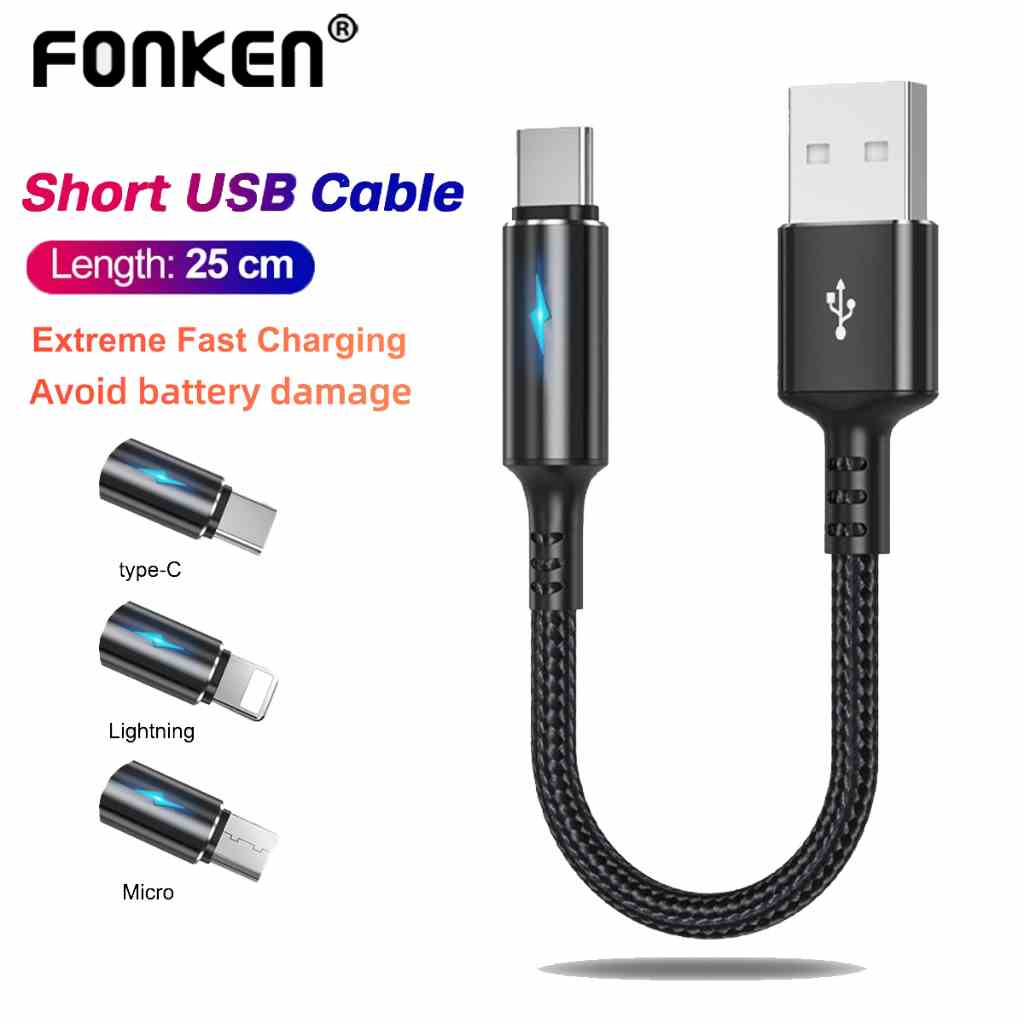 Cáp sạc nhanh FONKEN 25cm cổng micro USB type C 2.4A có đèn báo cho Huawei Android