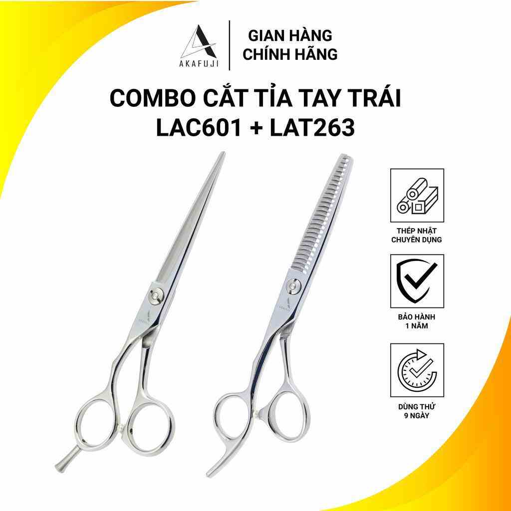 Combo 2 kéo cắt tỉa AKAFUJI, kéo cắt tay trái LAC-601, kéo tỉa chuôi offset tay trái LAT263