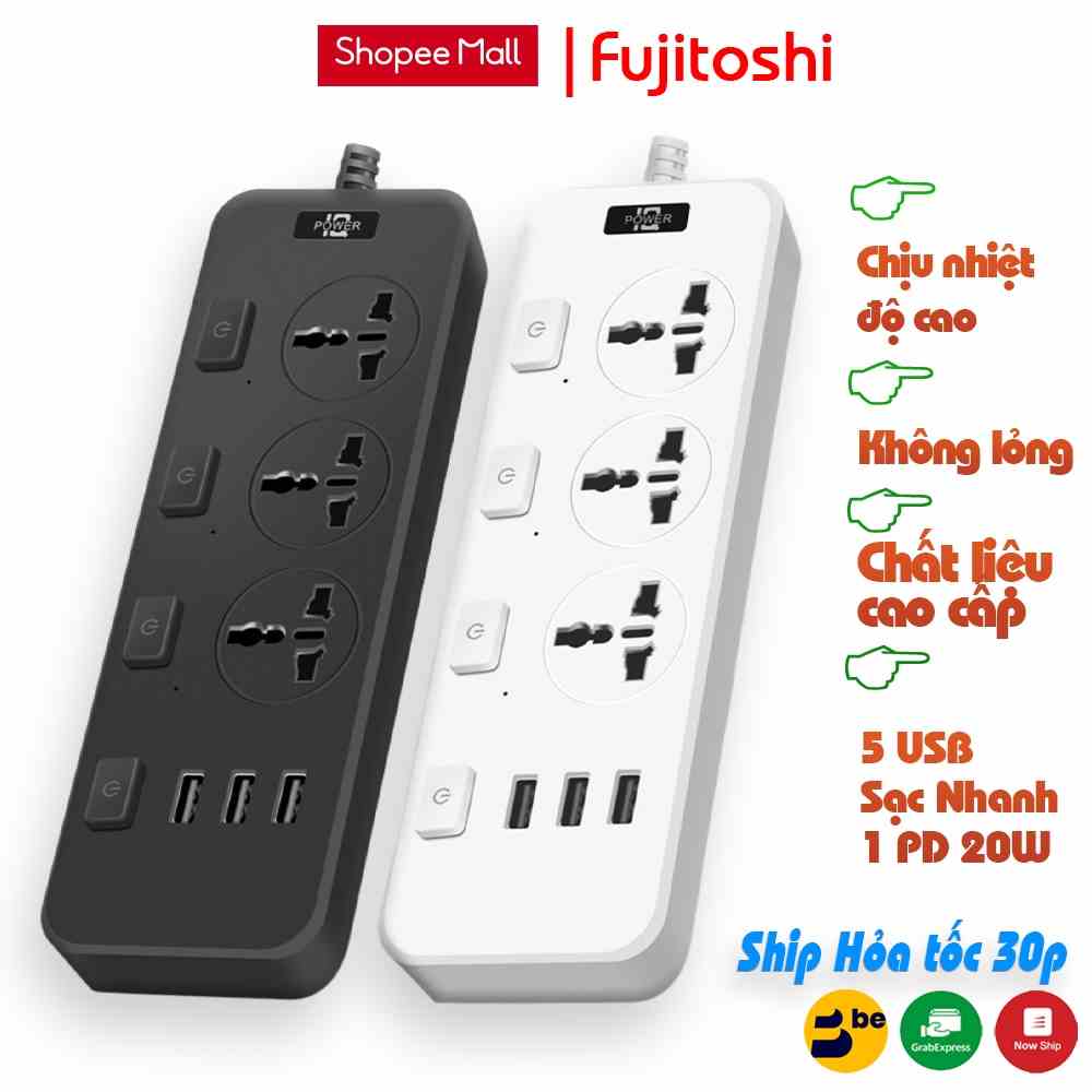 Ổ cắm điện đa năng Fujitoshi 3 ổ cắm 3 cổng USB sạc nhanh 5V-2.1A công suất 2500W nối dài 1,8M TG03