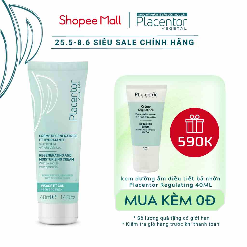 [Mã BMLTA35 giảm đến 35K đơn 99K] Kem dưỡng ẩm Placentor Regenerating And Moisturizing Cream 40ml