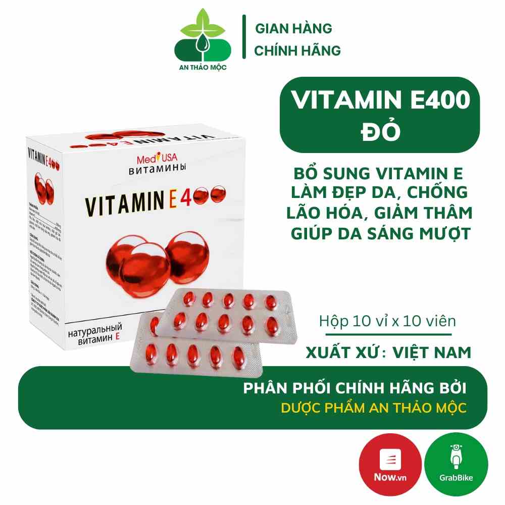 Vitamin E đỏ 400 Mediusa giúp giảm oxy hóa mờ thâm sạm nám tàn nhang ngăn lão hóa cân bằng nội tiết tố hộp 100v