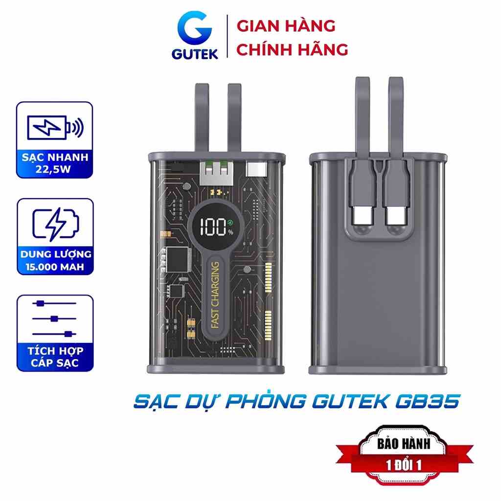 Sạc dự phòng Gutek GB35 sạt nhanh 22,5w Pin 15000mah vỏ trong suốt tích hợp cáp sạc điện thoại