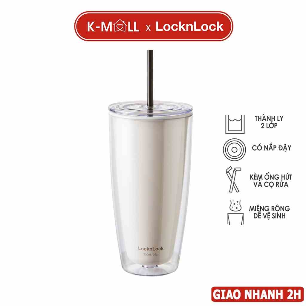 Ly nhựa 2 lớp Lock&Lock có ống hút 750ml Doublewall Coldcup HAP507 - màu ngà - K-MALL