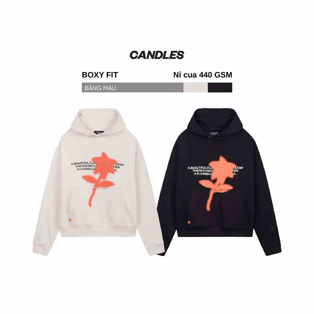 Áo hoodie nam nữ form boxy CANDLES RD FLOWER chi tiết mài rách thủ công nỉ chân cua 440gsm chính hãng