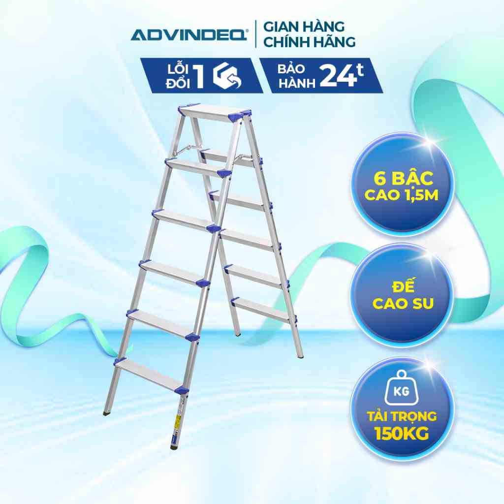 Thang nhôm gấp 6 bậc nhập khẩu ADVINDEQ ADL806 Tải trọng 150kg - Có thanh khóa an toàn - Đế cao su - Bảo hành toàn quốc