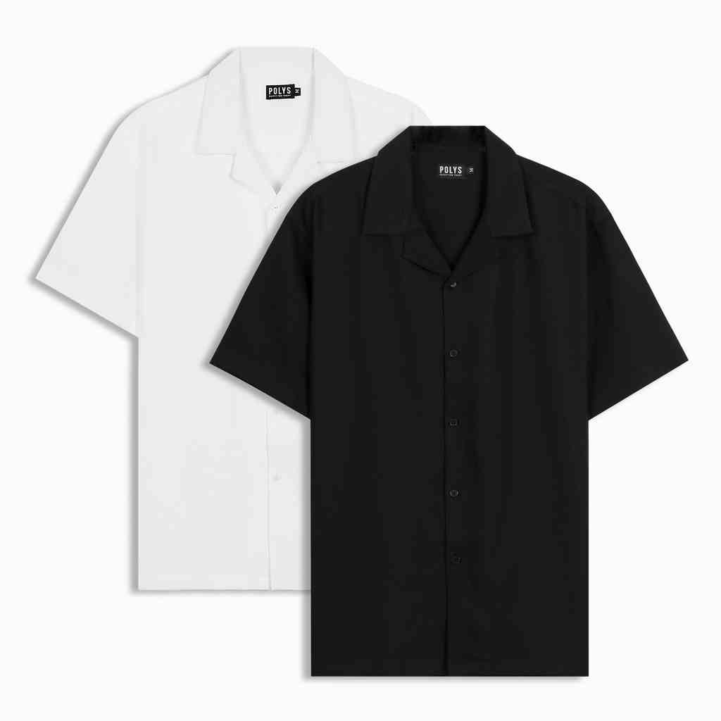 Áo sơ mi nam POLYS Fullbox, Vải Chéo dày dặn, co giãn, thoáng khí. Áo sơ mi tay ngắn Cổ Vest Trắng Đen CUBAN SHIRT