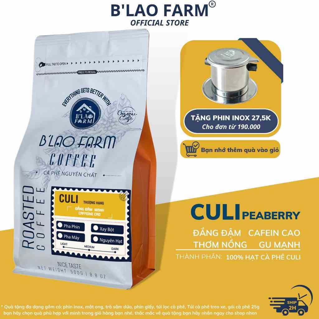 Cà phê CULI đặc biệt rang mộc nguyên chất BLao Farm gu mạnh vị đắng đậm dành cho pha máy và pha phin Túi 250g/500g