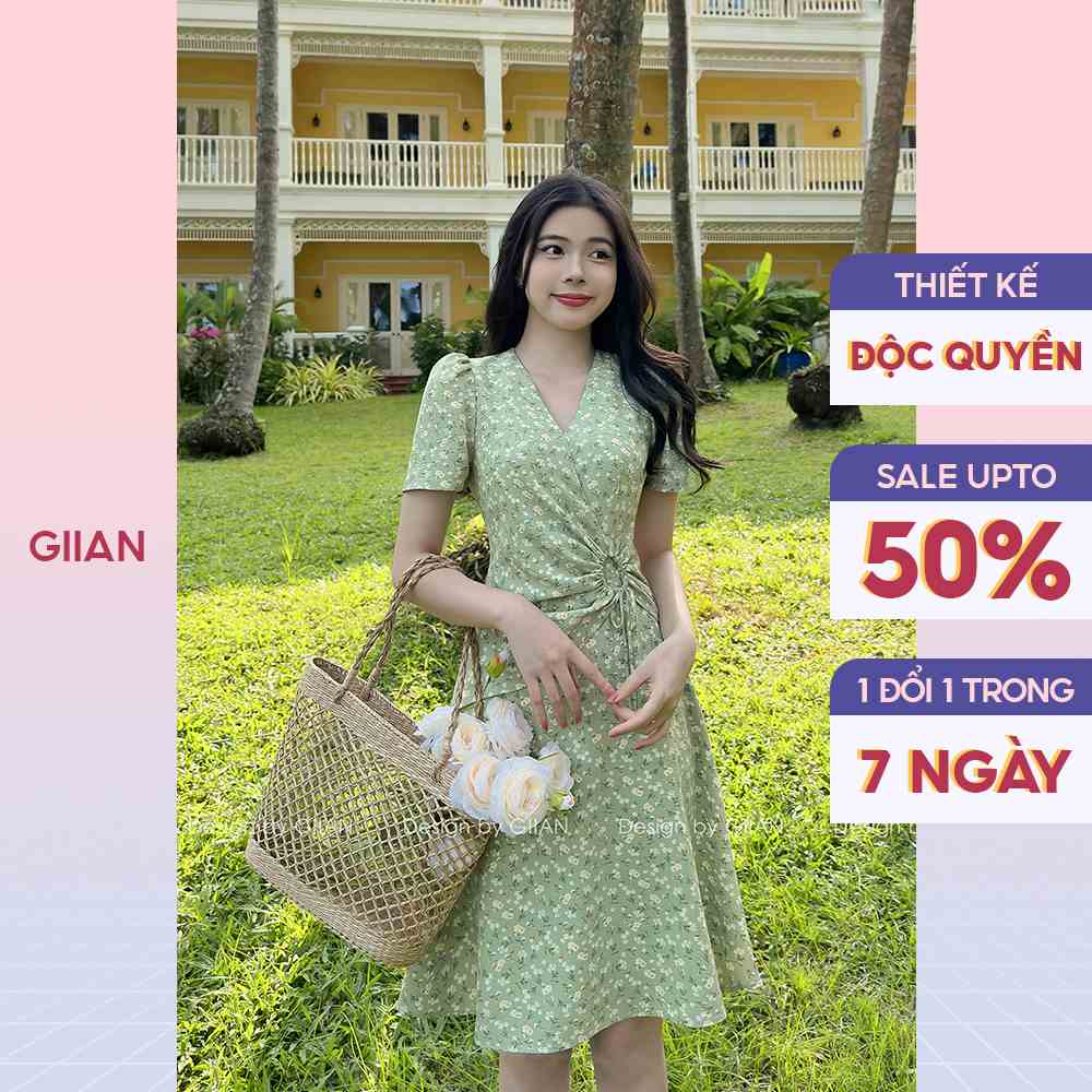 Váy hoa nhí vintage ngắn thắt eo tròn phối tay bồng cổ V thương hiệu Giian - VA0227