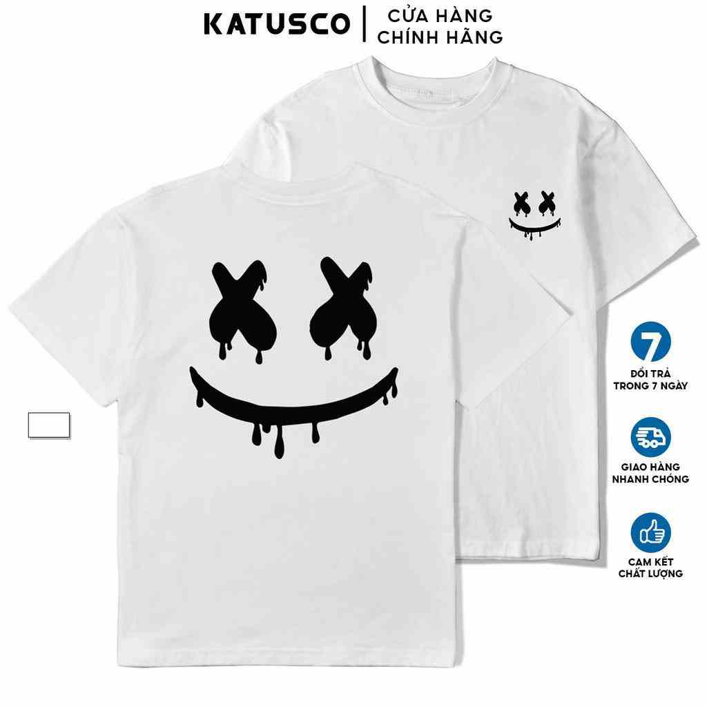 Áo Thun Nam KATUSCO Họa Tiết Smiley Drip Màu Trắng A2333, Cotton 100% 2 Chiều, Phom Oversize Từ 50-80Kg