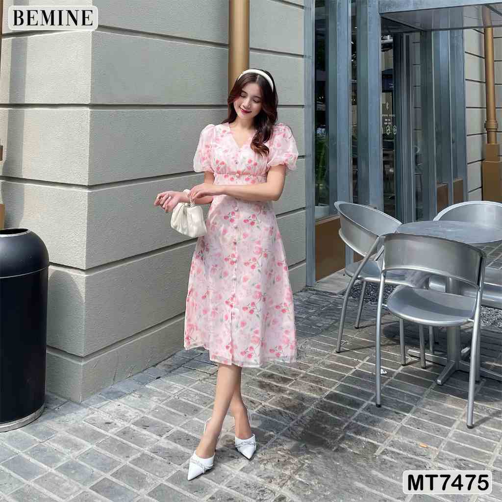 Đầm hoa nhí cổ V đính nút BEMINE MT7475