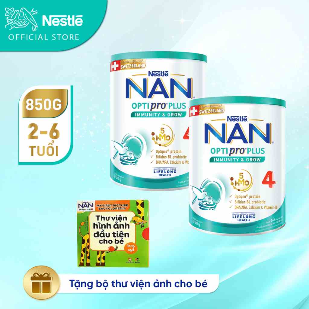 [Tặng Bộ Thư Viện Ảnh Cho Bé] Combo 2 lon Sữa bột công thức Nestlé NAN OPTIPRO PLUS 4 850g/lon với 5HMO Hỗ trợ Đề Kháng