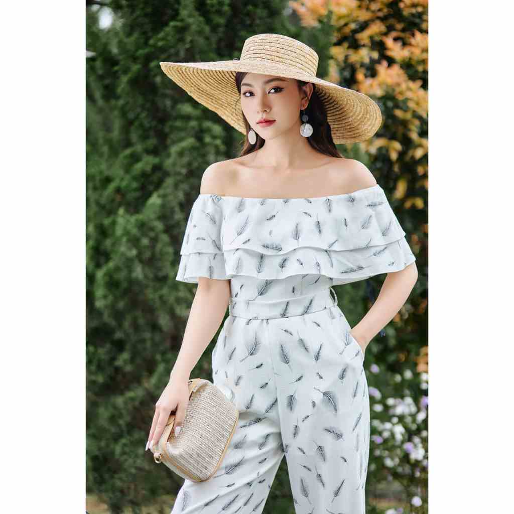 Jumpsuit nữ dáng dài ống rộng trễ vai hoạ tiết hoa Her25