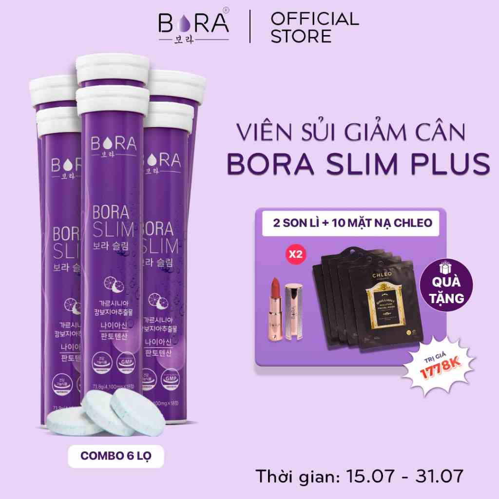 COMBO 6 Viên Sủi Hỗ Trợ Giảm Cân BORA SLIM PLUS Ngăn Chặn Cơ Thể Hấp Thu Chất Béo Lọ 18 viên