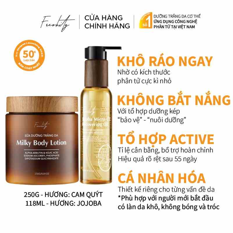 Bộ dưỡng da cơ thể chuyên sâu Freshity Sữa Dưỡng Thể Dưỡng Trắng Da 250g và Dầu dưỡng Jojoba vi chất Vitamin CE 118ml