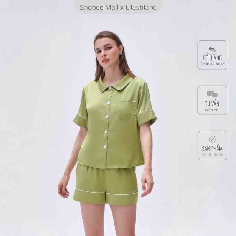 Bộ Pyjamas Nữ Mặc Nhà Tay Cộc Quần Cộc Chất Liệu Lụa Màu Xanh Nhạt Phối Viền Trắng Wasabi LILAS BLANC