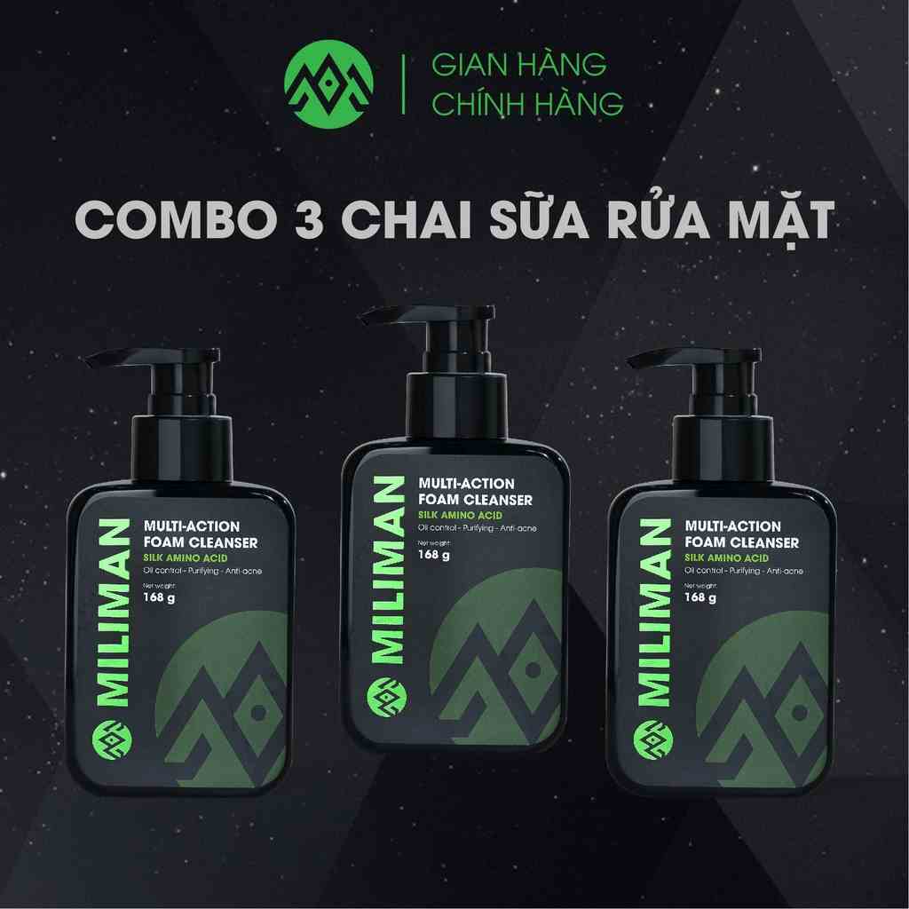 {Tặng nước hoa nam} Combo 3 Chai Sữa Rửa Mặt Nam Da Dầu Trắng Da Ngừa Mụn MILIMAN Multi – Action Foam Cleanser 168g