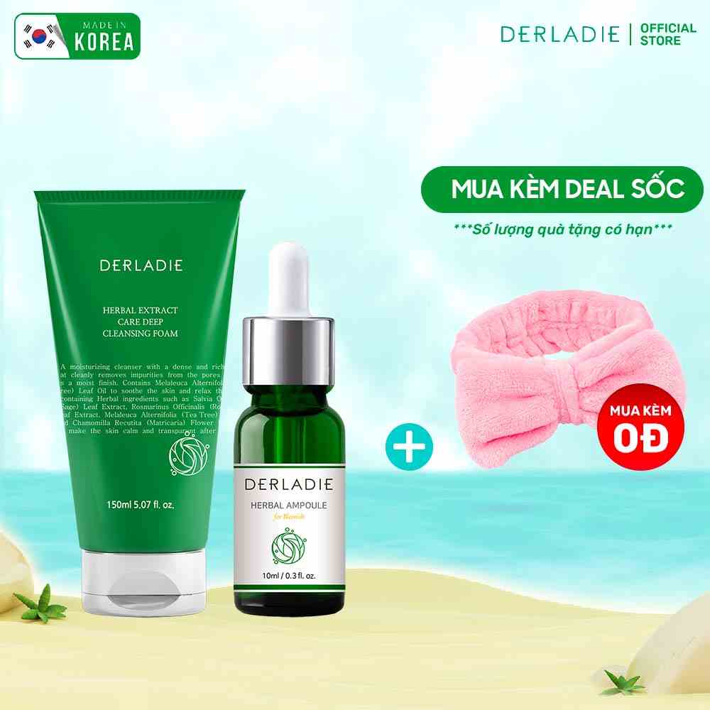 Bộ Đôi Giảm Mụn, Kiềm Dầu Chiết Xuất Tràm Trà SRM Derladie Herbal Extract 150ml, Serum Derladie Herbal Extract 10ml