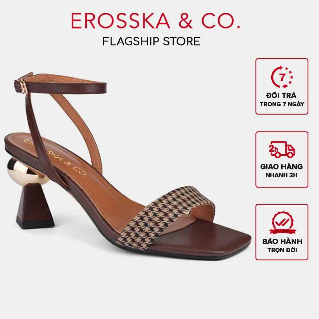 Erosska - Sandal cao gót mũi hở đế vuông phối dây quai mảnh cao 7cm màu bò - EB055