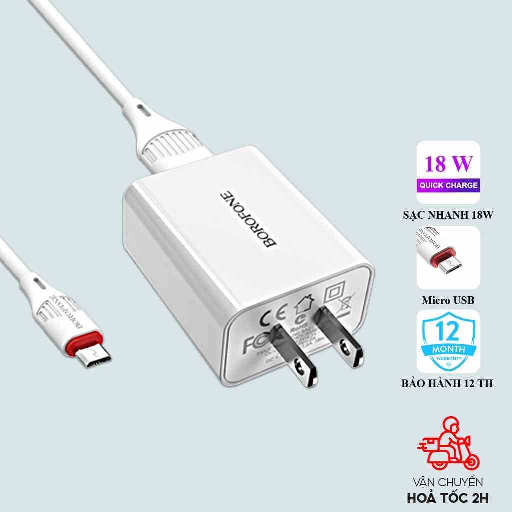 Bộ sạc 18W BOROFONE gồm củ và dây cáp sạc Micro-USB dài 1 mét cho android: Samsung, Xiaomi, Oppo, Vivo, Huawei Realme...