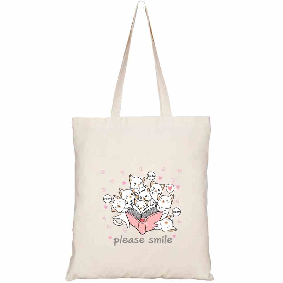 Túi Tote GINKO Vải Canvas có dây kéo khóa (có túi con) In Hình Họa Tiết Mèo Đọc Sách HT46