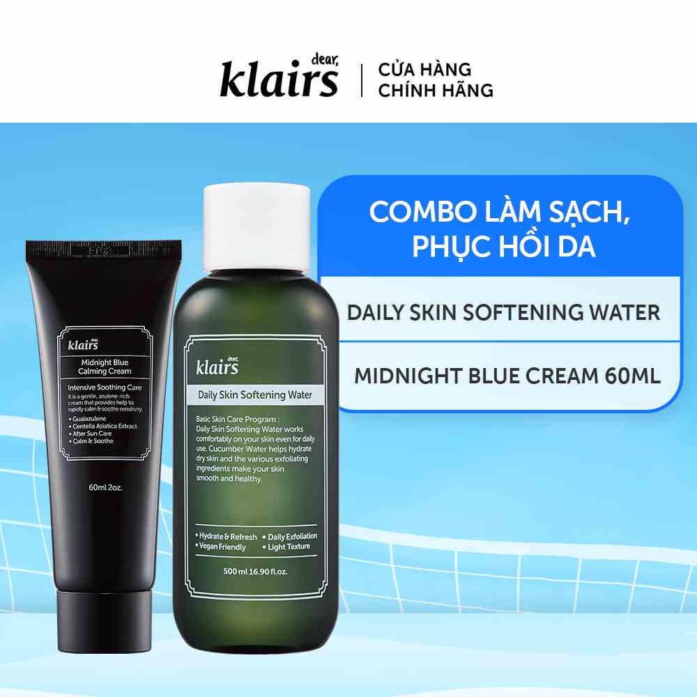 Combo Dear, Klairs Kem dưỡng Midnight Blue Calming Cream 60ml+Nước hoa hồng Daily Skin Softening Water 500 ml