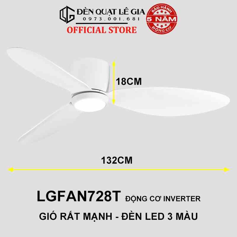 Quạt Trần Đèn Gió Mạnh LÊ GIA LGFAN728T - Chiều Cao 18cm - Sải Cánh 132cm - Bảo Hành 5 Năm