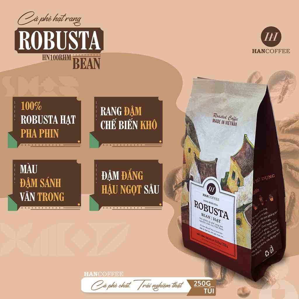 Cà phê pha phin HANCOFFEE 100% Robusta nguyên chất rang xay vị đậm đắng dễ chịu 250g - HN100RM