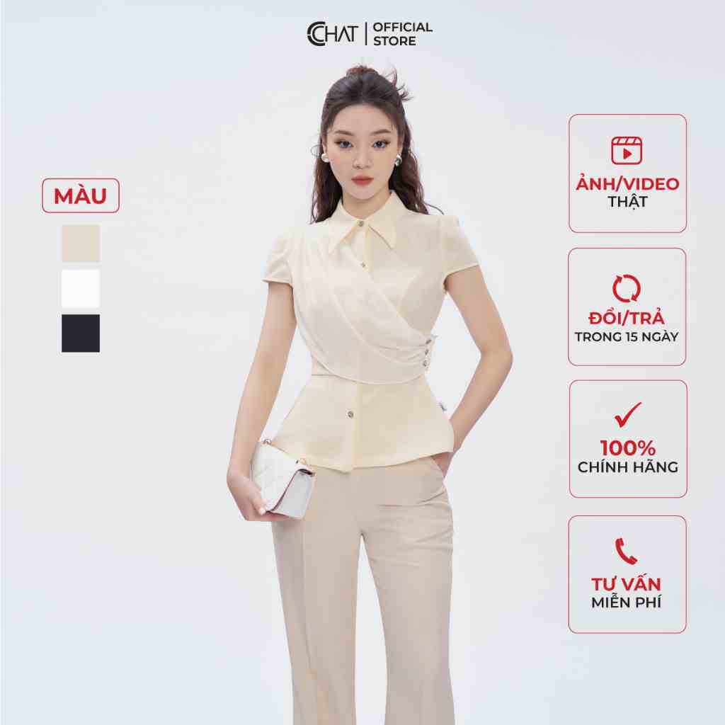 Áo Sơ Mi Nữ 𝐂𝐂𝐇𝐀𝐓 Kiểu Peplum Phối Vải Chất Tuytsi Cao Cấp Mềm Mịn 53FNS8008PT