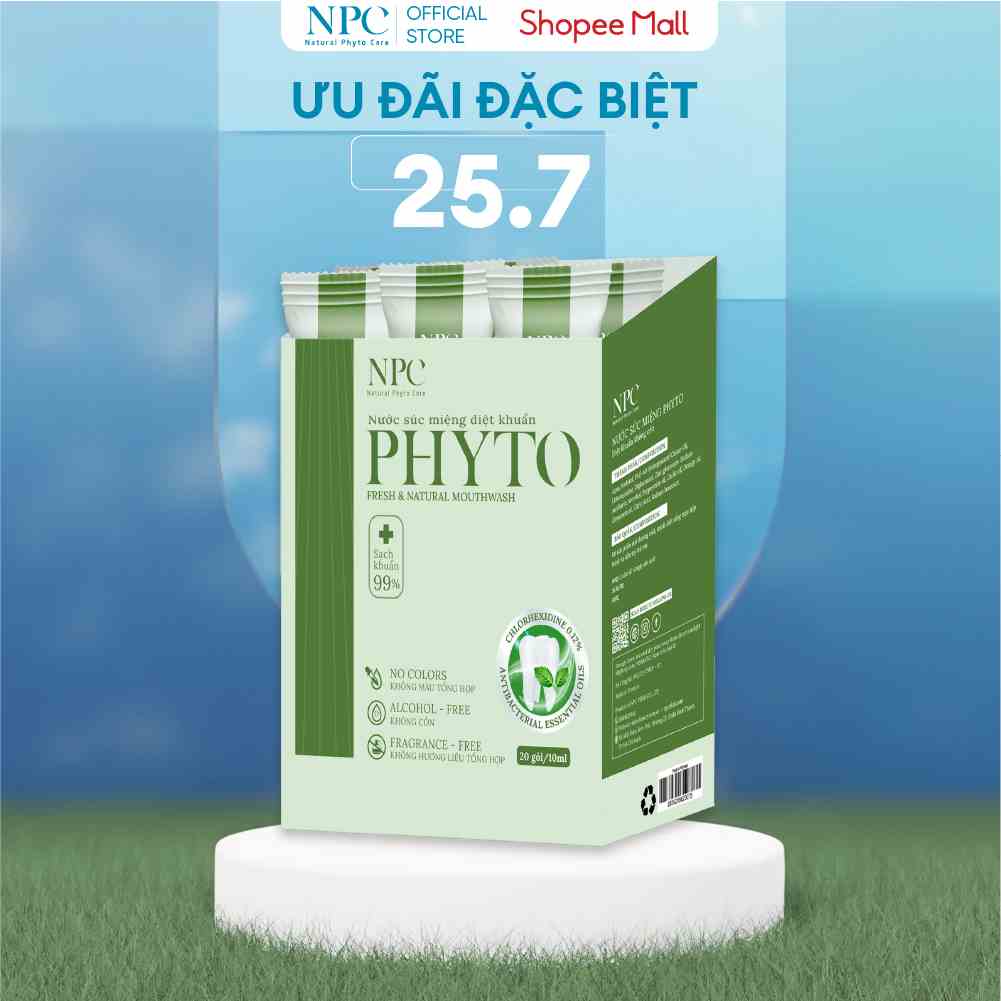 Hộp 20 gói nước súc miệng NPC Phyto làm sạch, khử hôi miệng, tinh dầu thiên nhiên - 10ml/gói