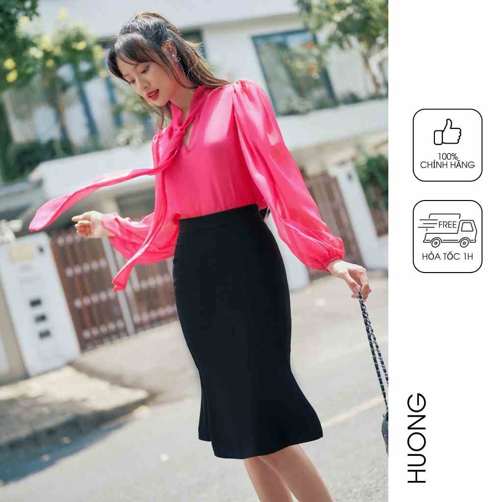 Áo sơ mi tơ tằm hồng fuchsia HUONG BOUTIQUE BSSM19 cổ nơ