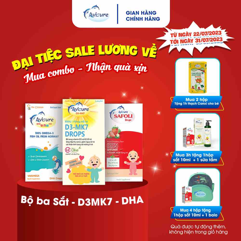 Bộ ba Avisure D3MK7, Avisure DHA smart Kid, Avisure Safoli Drop bổ sung D3, DHA, Sắt tinh khiết, tự nhiên cho bé