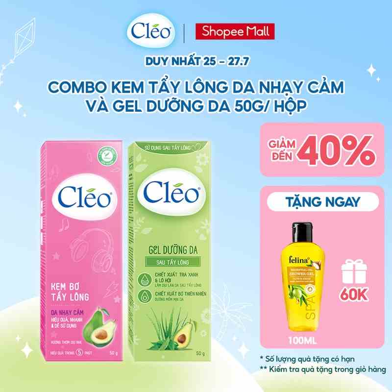 Bộ đôi Kem Tẩy Lông Cléo 50g dành cho da nhạy cảm và Gel Dưỡng Da Sau Tẩy Lông Cléo 50g