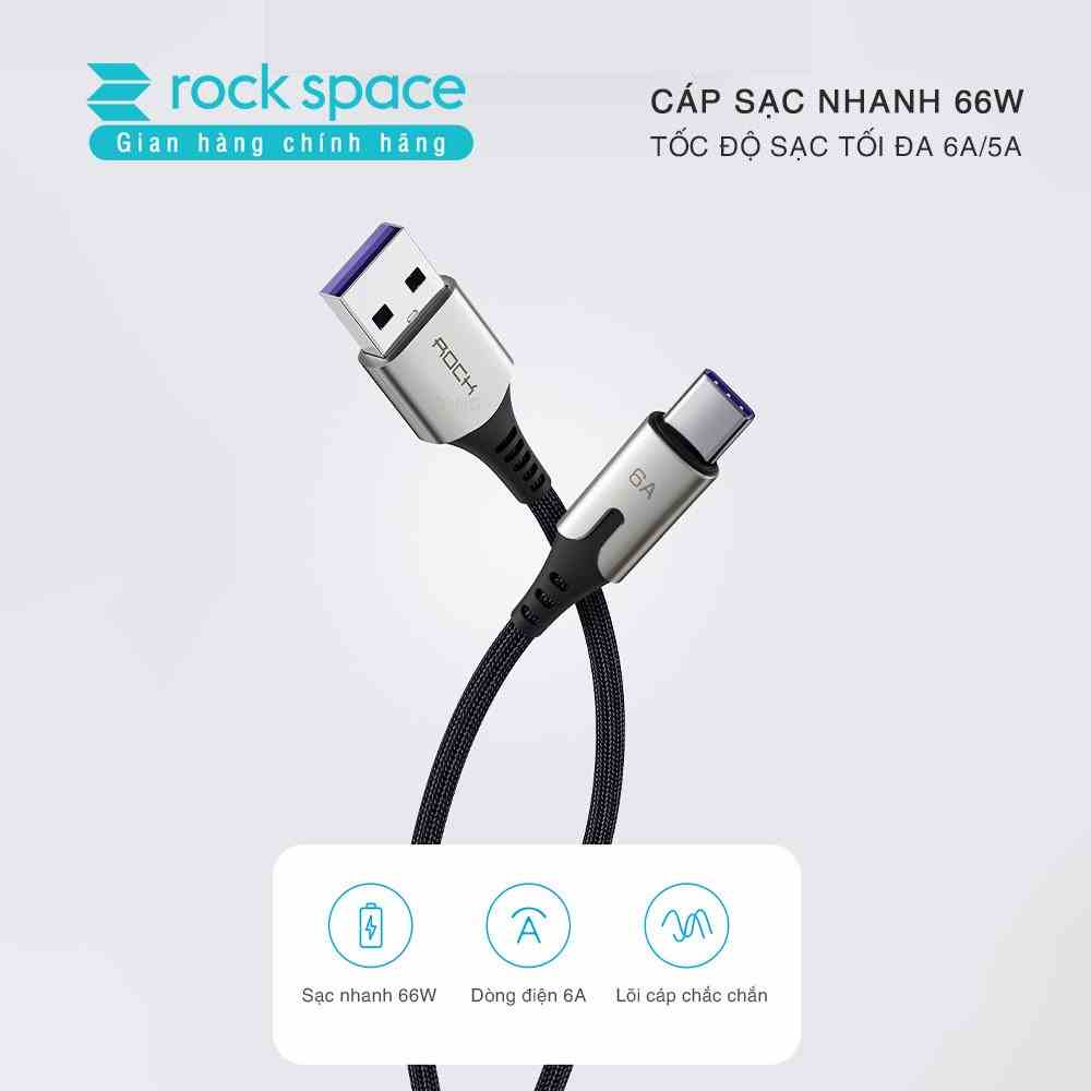 Dây cáp sạc nhanh Rockspace M1 chuẩn Type C sạc nhanh 6A dây dù cho Samsung, Oppo - hàng chính hãng bảo hành 12 tháng