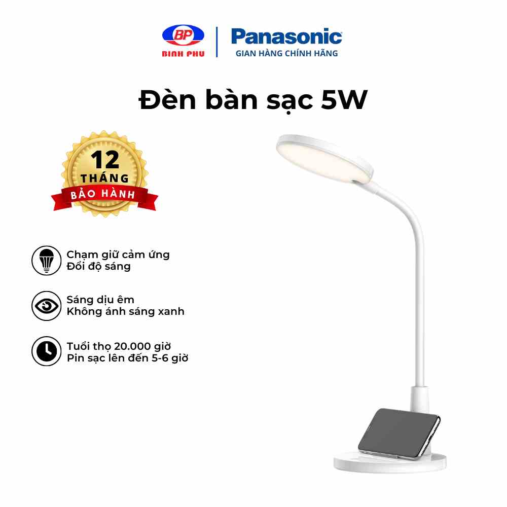 Đèn Bàn Sạc Panasonic HHGLT345L19 5W - đổi độ sáng, cổng sạc USB, Đế đựng điện thoại tiện lợi, Ánh sáng trung tính 4000K