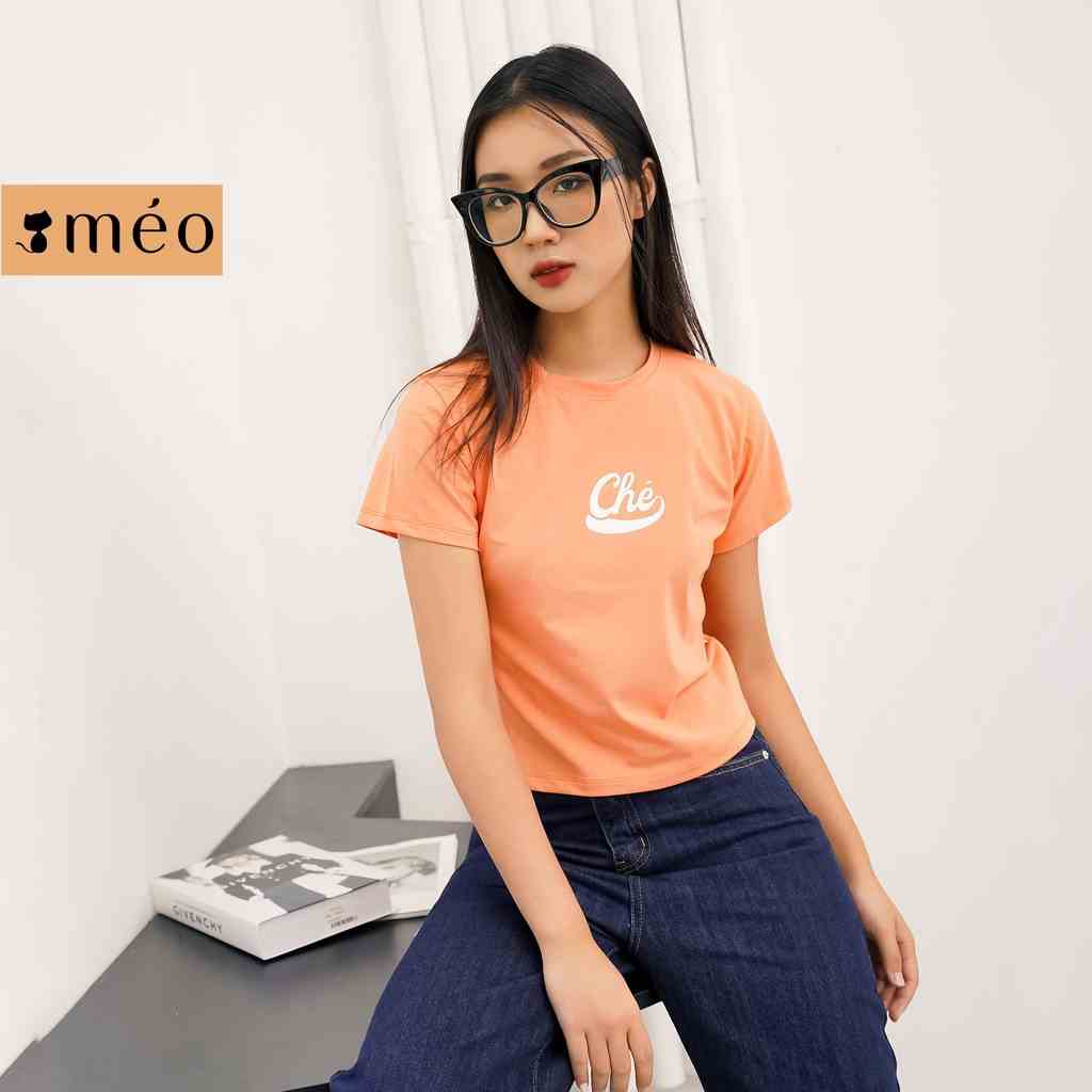 Áo thun tay lỡ Méo shop cổ tròn cotton in chữ Chê dáng croptop