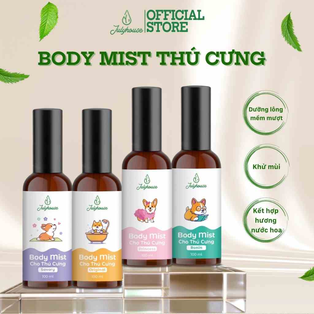 Bodymist xịt thơm khử mùi cho chó mèo JULYHOUSE 20ml/100ml dưỡng da lông, thơm lâu hương nước hoa