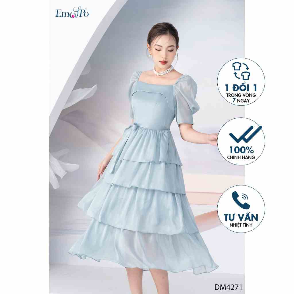 [Mã BMLTB200 giảm đến 100K đơn 499K] Đầm xòe cổ vuông tay bồng chân váy xếp tầng Emspo DM4271