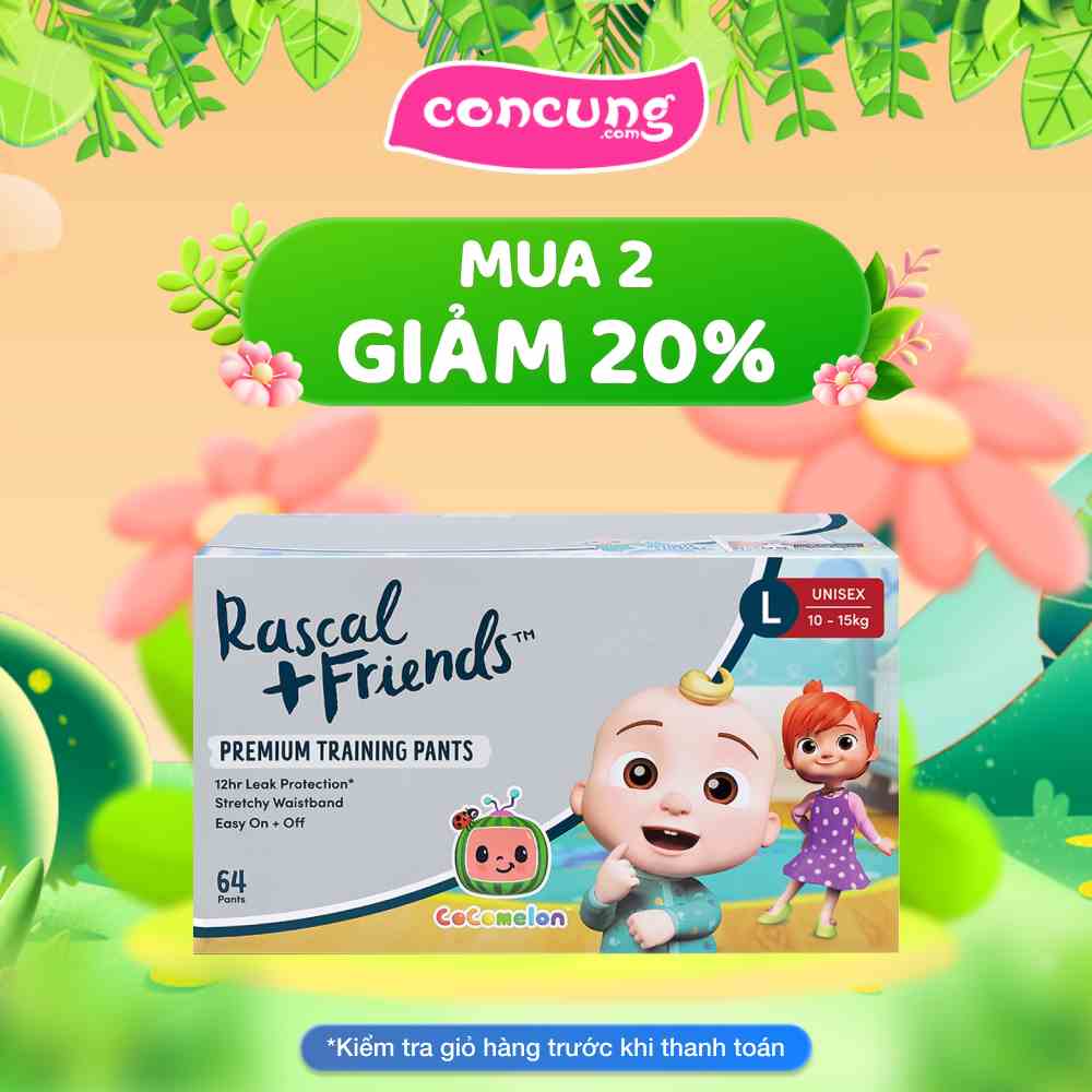 Thùng Tã quần Rascal+Friend Cocomelon size L 10-15kg 64 miếng