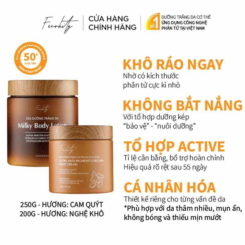 Bộ dưỡng khử thâm giảm mụn lưng Sữa Dưỡng Thể Trắng Da Freshity 250g và Kem Dưỡng Trắng Từ Củ Nghệ Freshity 200g