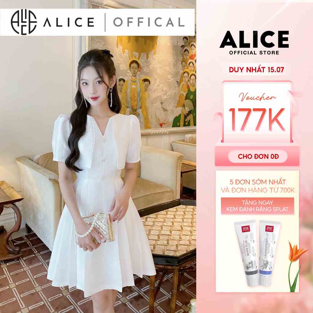 Váy Thiết Kế Cổ V Dáng Xòe Đính Cúc Đá ALICE Tay Bồng Điệu Đà, Có Lót Lụa Cao Cấp Chuẩn Form Che Khuyết Điểm V873