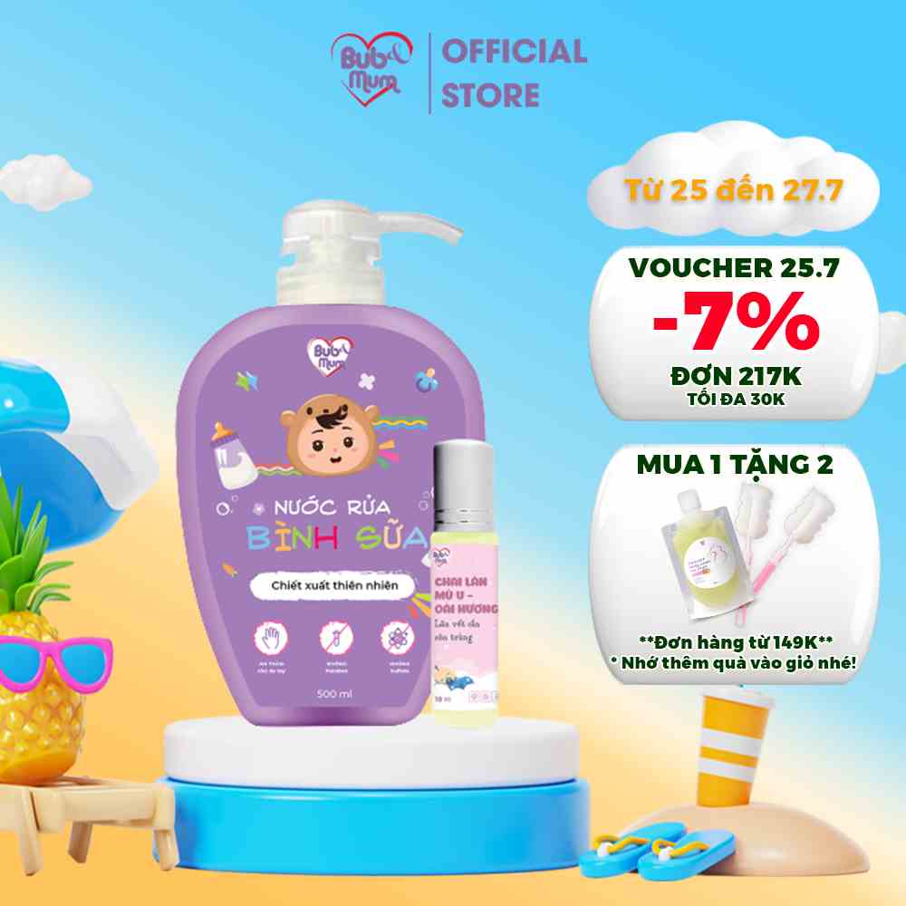 Combo Nước Rửa Bình Sữa Thiên Nhiên 500ml Và Chai Lăn Tinh Dầu Mù U - Oải Hương 10ml BuB&MuM