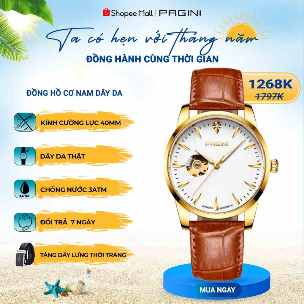 Đồng Hồ Cơ Nam PAGINI PA9988 dây da cao cấp trẻ trung năng động kim dạ quang Full Box