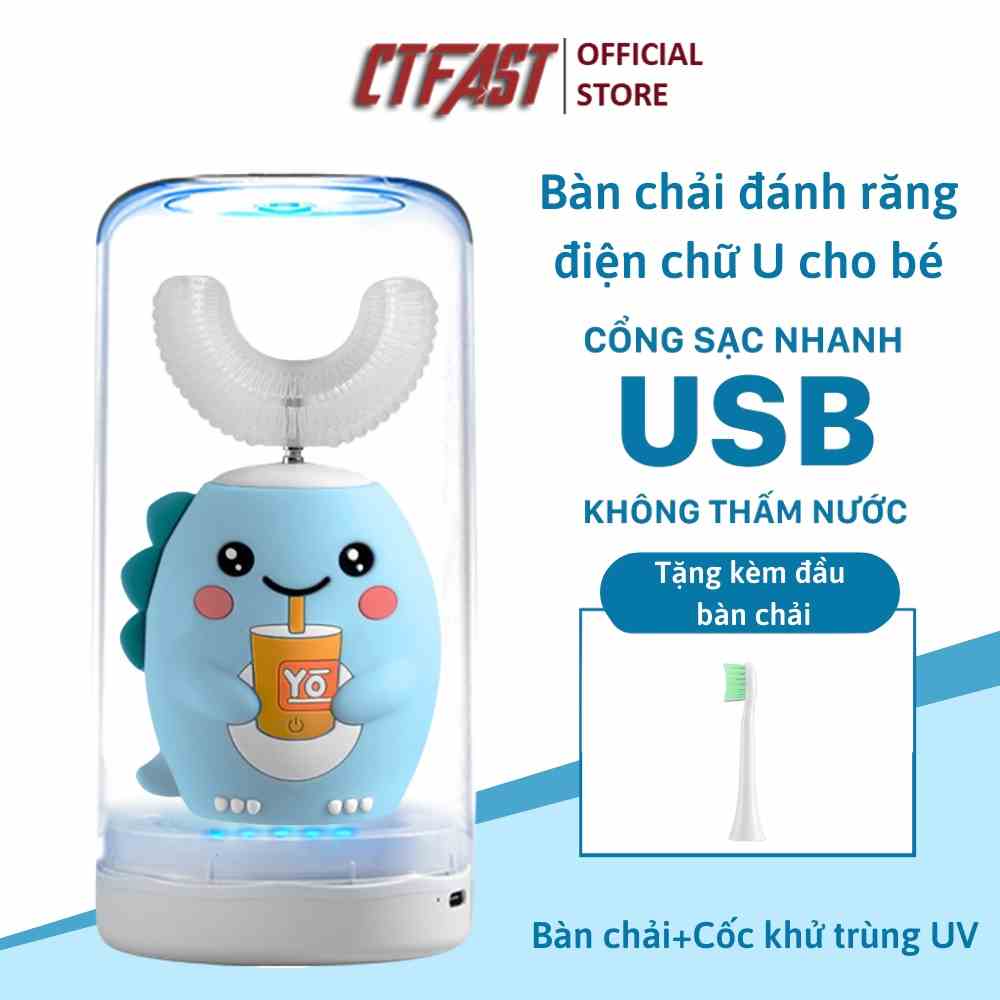 Bàn chải đánh răng điện trẻ em chữ U CTFAST K10 kèm cốc khử trùng UV cao cấp, 6 chế độ đánh răng, làm sạch 360°