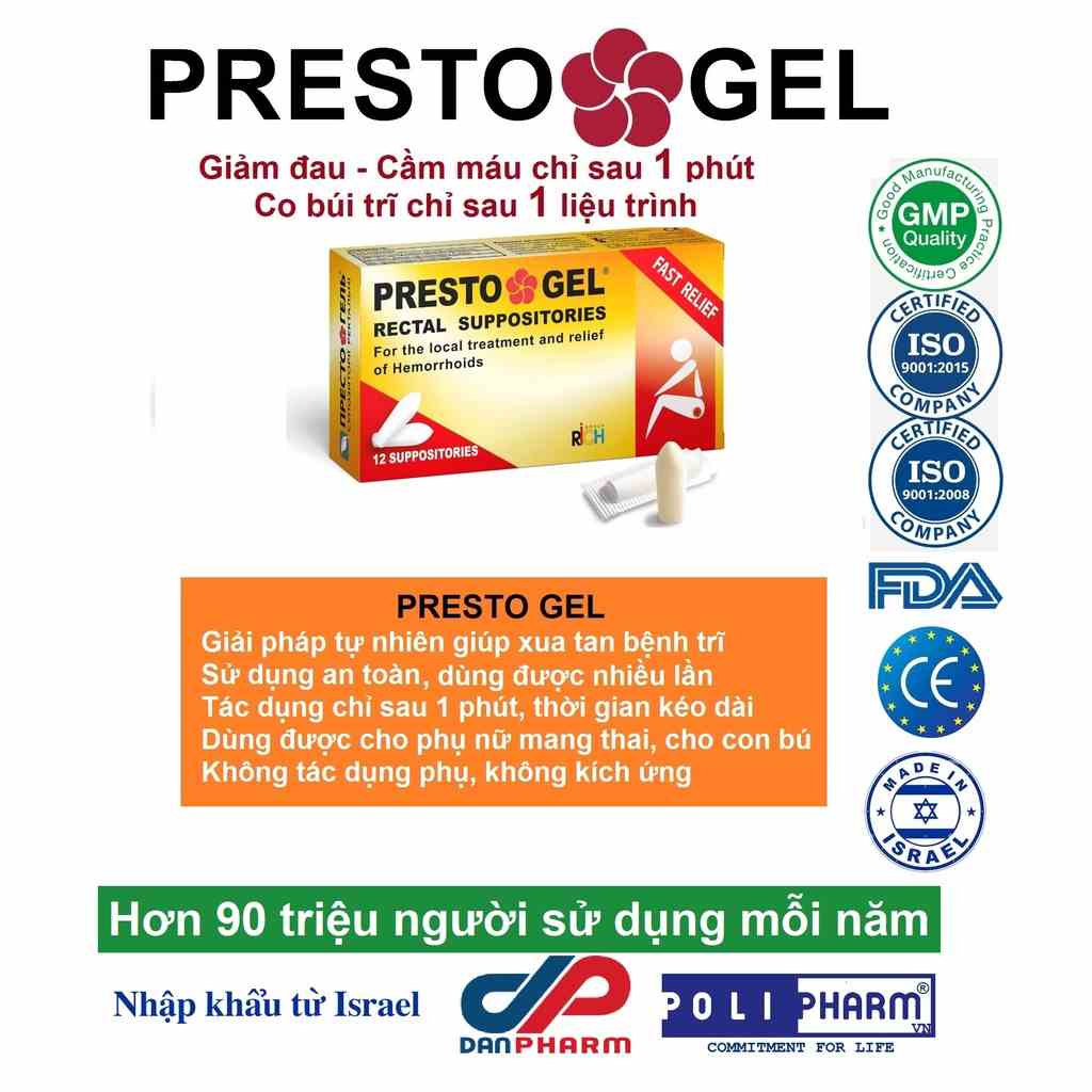 [Mã BMLTB35 giảm đến 35K đơn 99K] Viên trĩ Presto nhập khẩu Danpharm Israel, hộp 12 viên hàng nhập khẩu