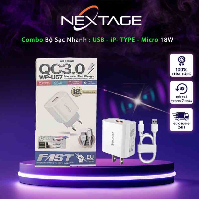 Combo Bộ Sạc Nhanh : Củ Sạc + Cáp Sạc 18W Đầu USB - iP- TypeC - Micro -  QC3.0 WK U57 - Chính Hãng NEXTAGE